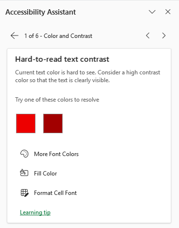 Excel Accessibility Assistant: "Hard-to-read text contrast" dialog