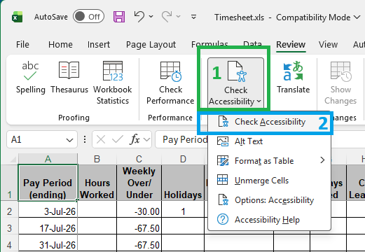 Excel "Review" menu: "Check Accessibility" icon and dropdown menu selection
