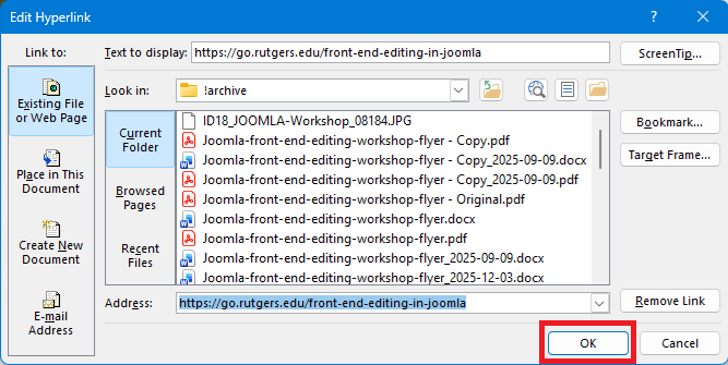 Word: "Edit Hyperlink" dialog box with "OK" button highlighted
