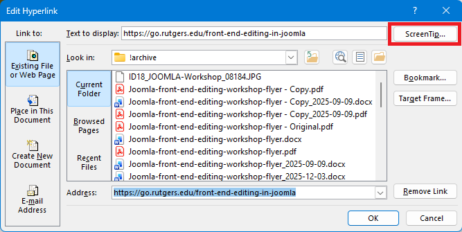 Word: "Edit Hyperlink" dialog box with "Screentip..." button highlighted